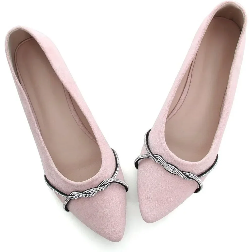 Women's Light Pink Casual Flats Fashion Chain Pointed Toe Ballet Flat Rhinestone